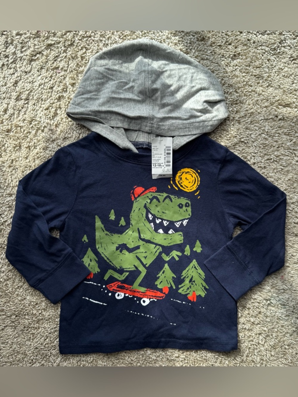 NWT The Children’s Place Dino Hoodie Shirt 12-18M Long Sleeve Graphic Tee